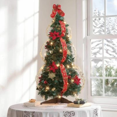 3-Foot Pre-Lit Fully Decorated Red Poinsettia Pull-Up Collapsible Christmas Tree - Image 1 of 2