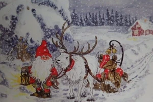 Weihnachtskarte Wichtel Rentier Postkarte Ansichtskarte Grußkarte Weihnachten AK - Bild 1 von 3