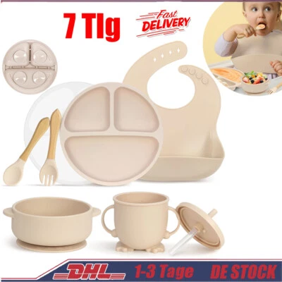 7X Silikon Baby Geschirrset, Rutschfest Kindergeschirr Set Set mit Saugnapf NEU - Bild 1 von 4