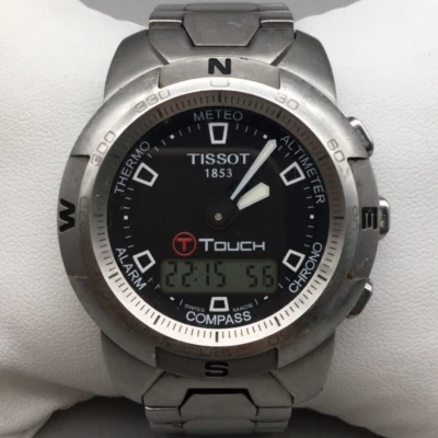 Tissot T Touch Watch Men 42mm Silver Tone Black Dial Swiss New Battery 6.75" - Image 1 of 4
