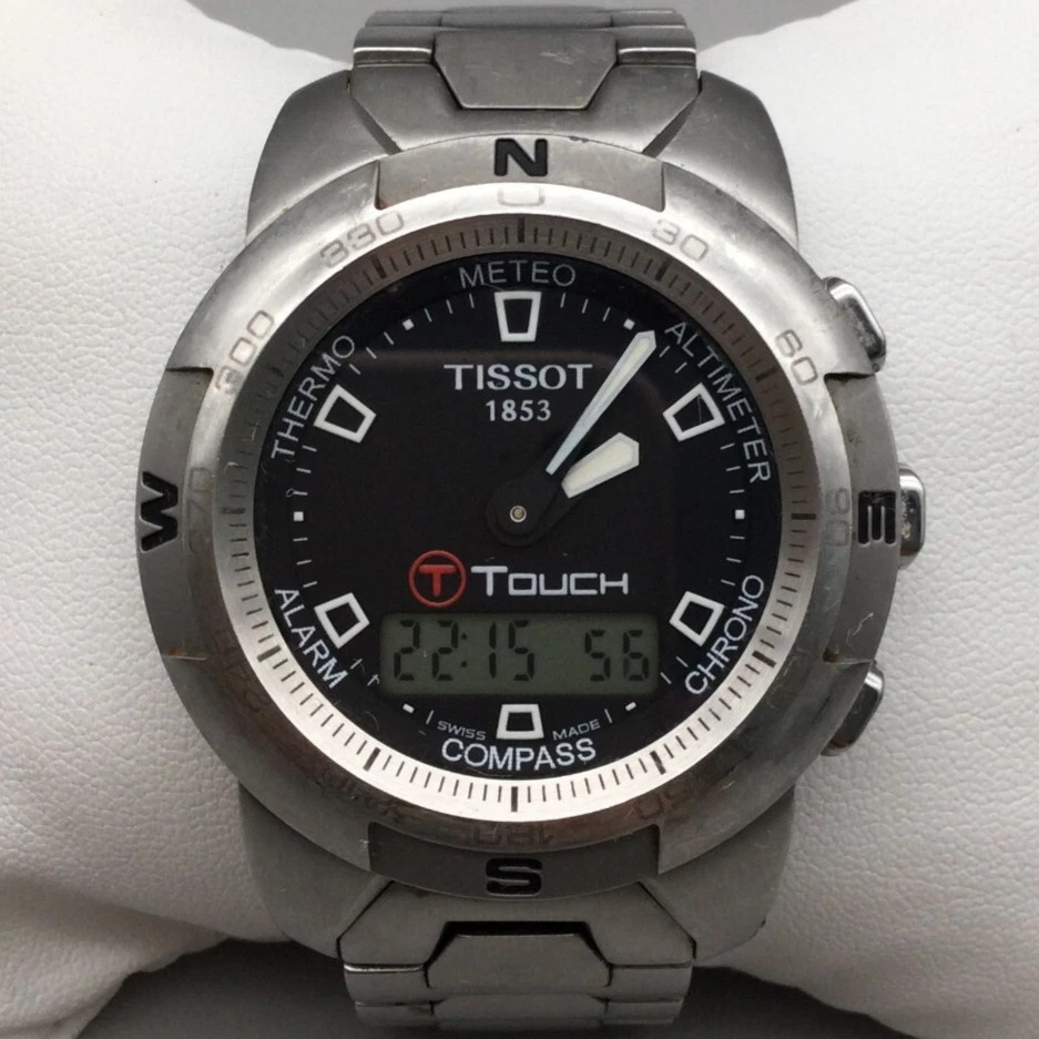 Tissot T Touch Watch Men 42mm Silver Tone Black Dial Swiss New Battery 6.75" - Image 1 of 4
