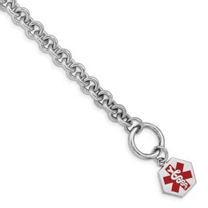 Sterling Silver Rhodium Engraveable Enamel Hexagon Medical ID Bracelet 7.75" - Picture 1 of 3