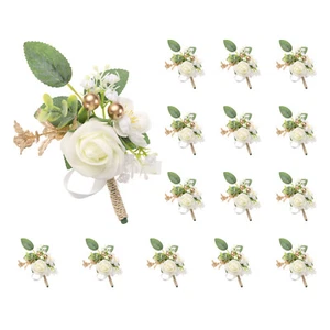 15pcs White Rose Boutonnieres for Men Groom Groomsmen Bride - Picture 1 of 7