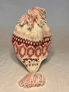 Lined Winter Hat Girls Pink, Green & Cream With Ear Flaps And Tassels Pom Pom - Picture 1 of 5