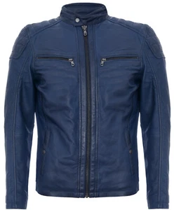 Mens Navy Leather Jacket Vintage Quilted Retro Racing Zipped Biker - Picture 1 of 5
