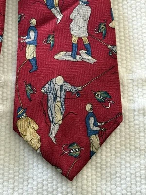 Corbata de pesca Chaps Ralph Lauren roja con mosca para hombre corbata de seda vintage caña de pescar Foto 1 de 4