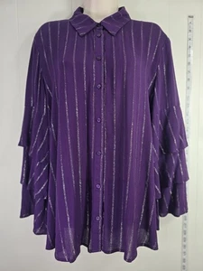 Damen Retro Boho Bluse Lila Metallic Silber Rüschen Glocke Top Größe Large - Bild 1 von 9