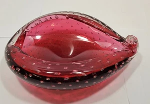 Vtg 8.5" Red Crimson Murano Italy Art Glass Dish Bowl Controlled Bubbles - Picture 1 of 18