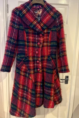 DAITE Wool Blend Coat Checked Tartan Pink/Red Multi Asymmetrical Hem U.K. 14/16 - Image 1 of 4