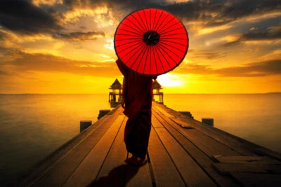 Strolling on the Wooden Bridge at Sunset Photo Art Print Poster 18x12 - Image 1 of 3