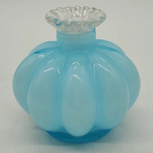 Fenton Art Glass Blue Overlay Ruffle Perfume Bottle Clear Edge 4” No Stopper  - Picture 1 of 7
