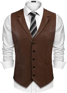 Nuevo Para hombres Genuino Marrón Piel de Cordero Cuero Chaleco Occidental Elegante VAQUERO - Imagen 1 de 8