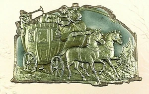 VTG Antique Christmas Greeting Card 30s-40s Deep Embossed Gold Stagecoach Horses - Picture 1 of 6