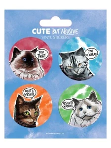 CUTE BUT ABUSIVE CATS 4 Sticker Set: sweary you f*ck idiot arse kitten fun gift - Picture 1 of 7