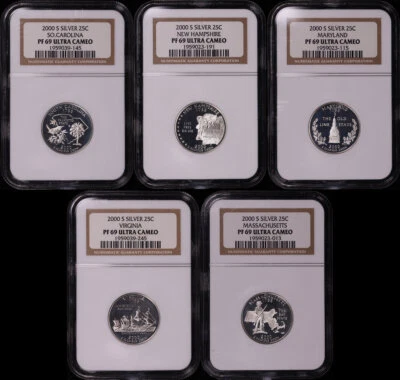 2000-S SC, NH, MD, VA, & MA Silver State Quarter 5 Coin Set NGC PF-69 UC - Image 1 of 2