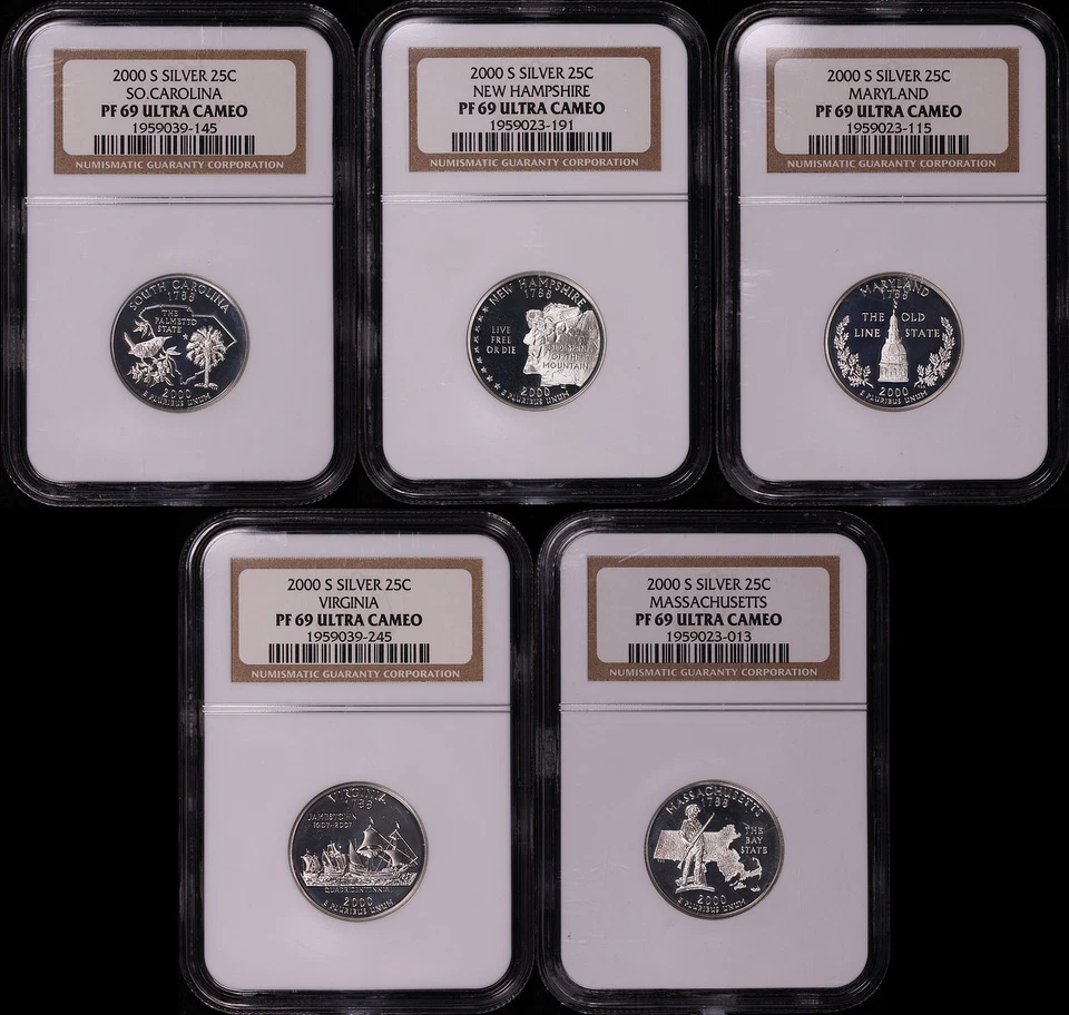 2000-S SC, NH, MD, VA, & MA Silver State Quarter 5 Coin Set NGC PF-69 UC - Image 1 of 2
