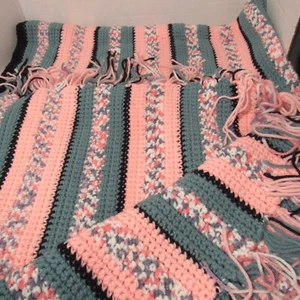 Handmade Crochet Twin Sized Fringe Throw, Pastel Pink/Grey Bedding W 47" x L 73" - Picture 1 of 11