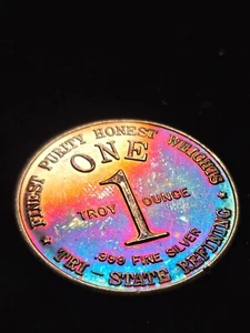 MONSTER RAINBOW TONED 1976 Tri-State Refining 1 ozt .999 Fine Silver (Z-0816) - Picture 1 of 4