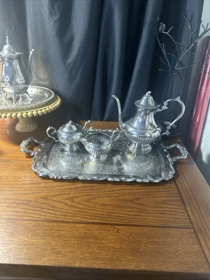Bandeja grande de colección Oneida Georgian Scroll plateada con mango + cafetera C+S Foto 1 de 4
