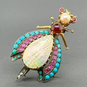 Estate 18K Yellow Gold M.O.P, Multi-gemstone, 0.02cttw I-J/I1 Diamond Bee Brooch - Picture 1 of 7