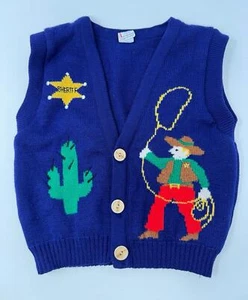 Vintage Knit Sweater Vest w/ Buttons Kids Sz 6 Sheriff Cowboy Retro Western 90s - Picture 1 of 5