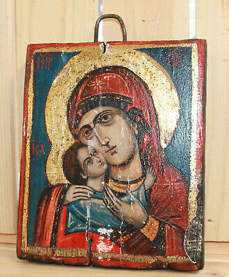 Vintage Religioso Icono Pintado A Mano Virgen María Jesucristo Niño • 142.25€