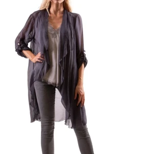 GIGI MODA GRIS ANTHRACITE PORTICI VESTE CARDIGAN LONGUE EN SOIE TOP, MANCHES 3/4 O/S - Photo 1/2