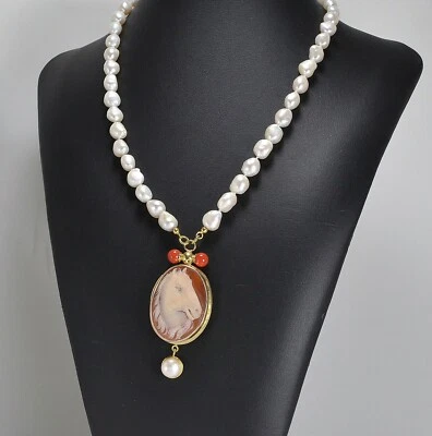 COLLANA ARGENTO DORATO PERLE BAROCCHE CAMMEO CORNEOLA CAVALLO CORALLO AGLN 0188- - Immagine 1 di 3