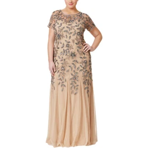 Adrianna Papell Beaded Short Sleeve Floral Godet Gown Taupe Pink  PLUS 22W  $379 - Picture 1 of 5