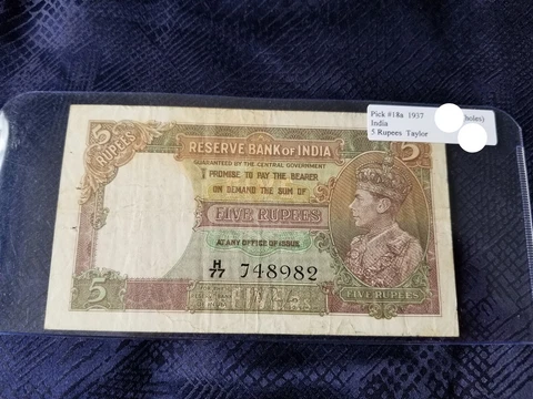 British India 5 Rupees 1937 Pick #18a Very Fine (holes) - Serial #748982 Cover