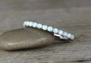 White Fire Opal Ring Sterling Silver Half Eternity Wedding Band Anniversary Gift - Picture 1 of 7