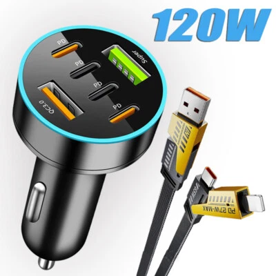 Cargador de coche rápido 120W adaptador de 4 puertos y cable para Samsung S24 Ultra S23 S22 S21 Foto 1 de 4