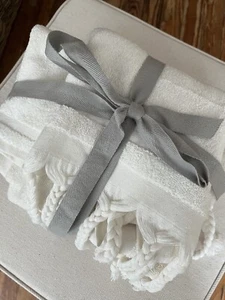 3 Piece White Anthropologie Towel Set Bath, Hand, Wash. Braided Tassels - Picture 1 of 4
