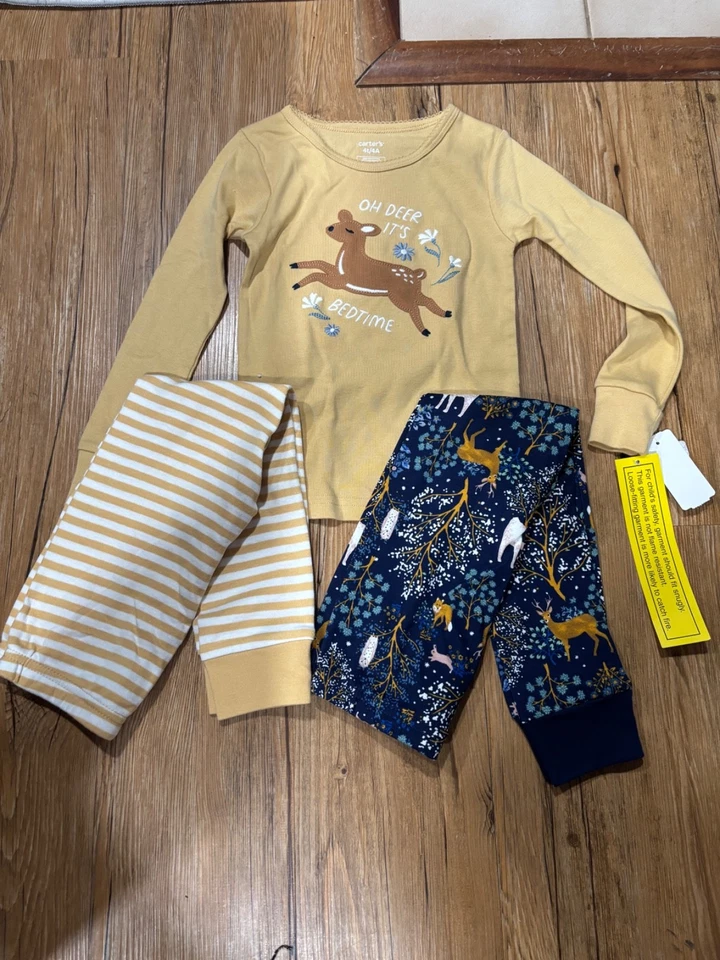 NWT Carter's Deer 3 piece Cotton Pajama Set 4T Toddler Girls PJs Woodland Theme - Image 1 of 4