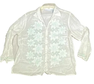 JH Collectibles Sheer Top Blouse Button Front Size Large White Floral 3/4 Sleeve - Picture 1 of 11