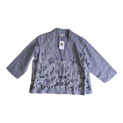 NWT Coldwater Creek Jacket Blazer Women's XL Blue Linen Floral Embroidered Work - Image 1 of 4