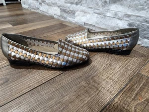 Trotters flache Damenschuhe geflochtenes Leder Größe 6,5 WW silberfarben/gold geflochtener Korb - Bild 1 von 9