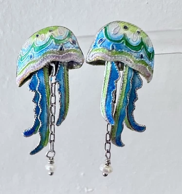 Brincos Zarah Jellyfish Post 925 esmalte esterlina cloisonné pastel excelente - Imagem 1 de 4
