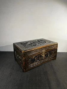 Vintage Hand Carved Wood Box with Brass Latch – Scenic Design – 12” Wide - Picture 1 of 18