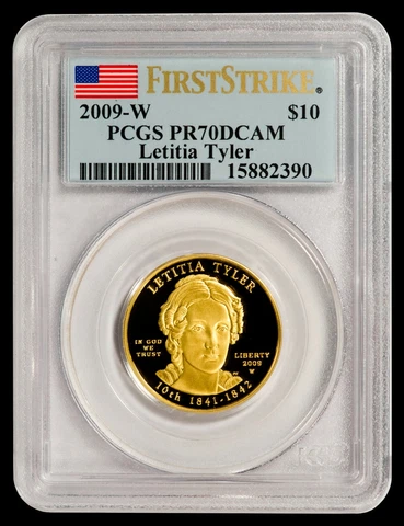 2009-W $10 Letitia Tyler Gold Spouse PCGS PR70DCAM FIRST STRIKE Cover