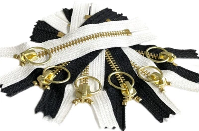 YKK #5 Brass Metal Zipper Auto Notch Ring Pull Close-End Black White 4" to 11" - Image 1 of 4