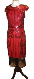 RO ROX 20's Red Mix Flapper Gatsby Occasion Bodycon Dress Sequin, Fringe Size M - Picture 1 of 11