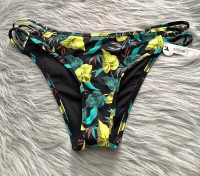 Victoria's Secret Swim Black Tropical Strappy Brazilian Bikini Bottom Large L - Image 1 of 2