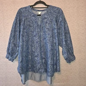 CATO Lightweight Floral Denim Shirt Blue 3/4 Sleeve Tie-Neck Women's Size Large - Picture 1 of 11