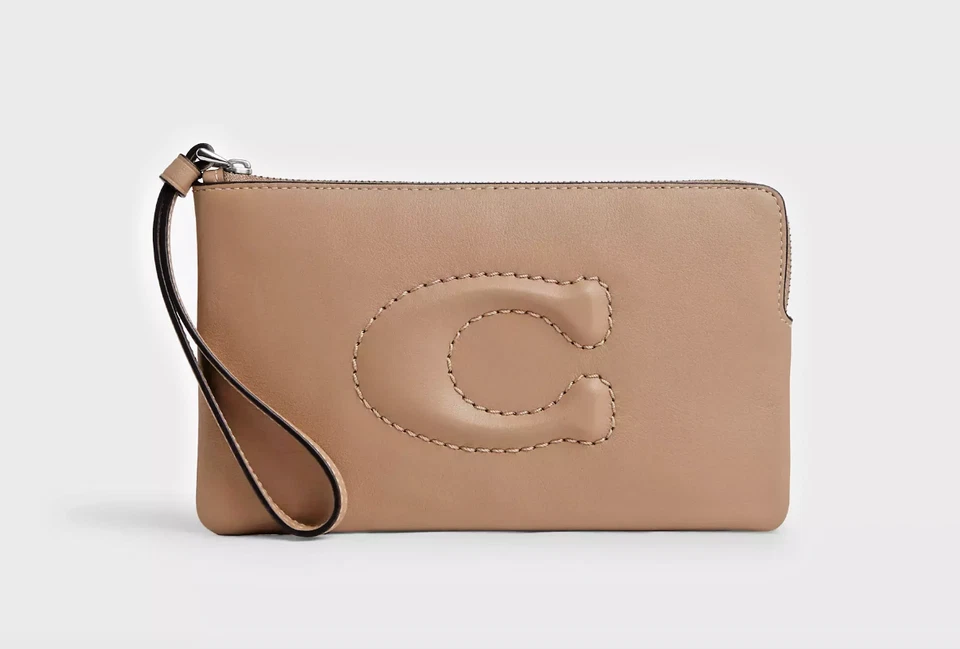 Coach CR392 Large Corner Zip Wristlet Taupe Smooth Leather B