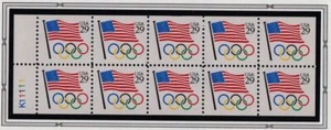 1991 Olympic Rings U. S. Flag Sc 2528a never folded MNH booklet pane of 10 - Picture 1 of 1