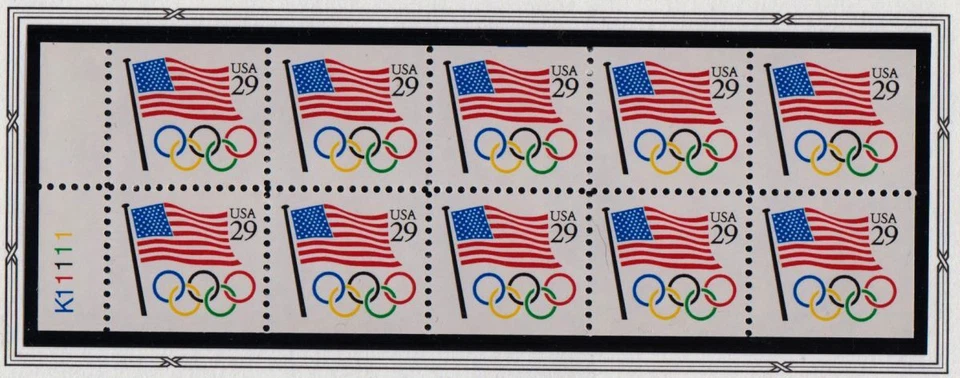 1991 Olympic Rings U. S. Flag Sc 2528a never folded MNH booklet pane of 10 - Image 1 of 1