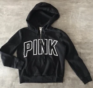 PINK Victoria Secret Hoodie Medium Sweatshirt Black White Pullover 1/4 Zip Crop - Picture 1 of 11