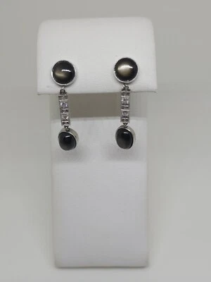 Vintage 14k White Gold Art Deco Black Sapphire And Diamond Dangle Earrings 7g - Image 1 of 4