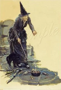 CÍRCULO MÁGICO BRUJA HECHIZO PAGANO WICCA CALDERA GATO BRUJA ARTE EN LIENZO DE COLECCIÓN GRANDE - Imagen 1 de 1